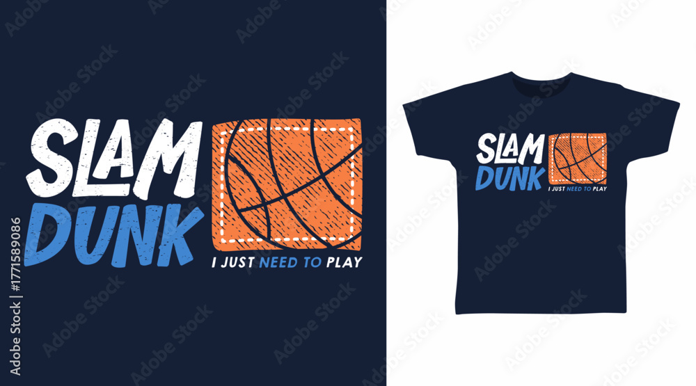 Naklejka premium Slam dunk typography with basketball, hand drawn vector ready for print on t-shirt and other uses.