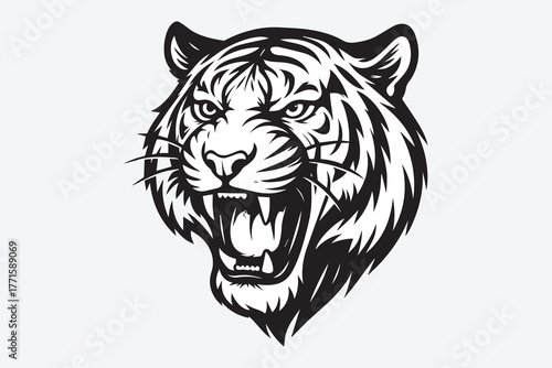 Fierce tiger head roaring aggressive big cat wildlife predator artistic design graphic element