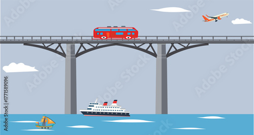 Sea Transportation Concept Bridge Over Sea with Cruise Ship Vector Illustration. Coastal Bridge Architecture with Cruise Ship Vector Art.