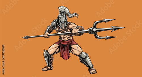 A muscular gladiator, helmeted, crouches with a trident against an orange background