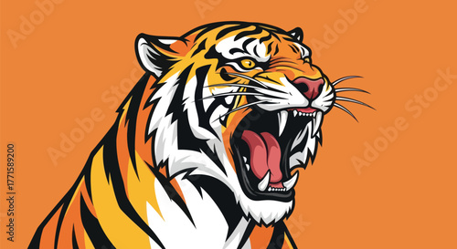 Fierce tiger illustration, roaring with sharp teeth and open mouth, orange background