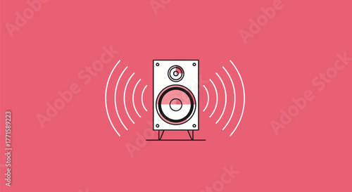 Minimalist illustration of a speaker emitting sound waves on a pink background