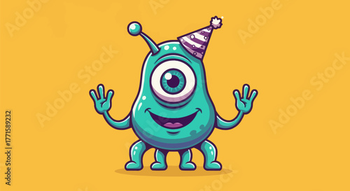 A teal, one-eyed alien with a party hat smiles, waving its hands against a yellow backdrop