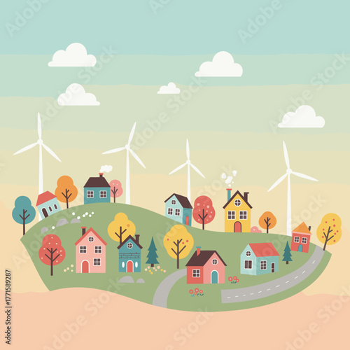 Scenic hilltop village with wind turbines and cozy houses. Vector.
