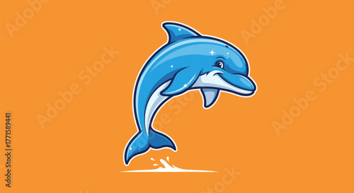 A cartoon dolphin leaps upward from water, against an orange background