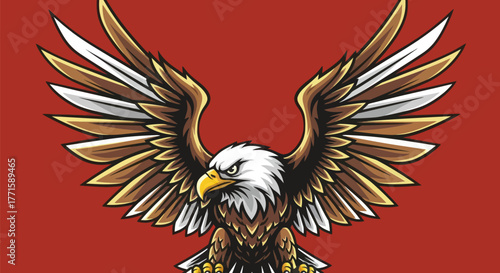 Stylized illustration of a bald eagle with outstretched wings against a red background