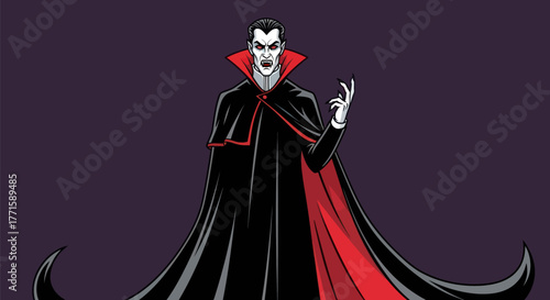 A stylized illustration of a vampire in a black and red cape with a menacing glare