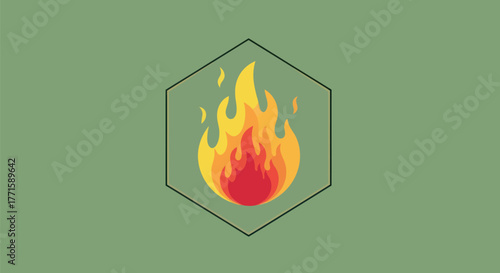 A fire icon, in red, orange, and yellow hues, is enclosed within a hexagonal frame on a green background