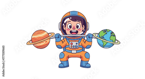 A cartoon astronaut in an orange and blue spacesuit holding a planet and the Earth on a white background with a cheerful expression.