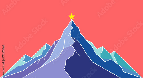 Abstract illustration of a mountain range with a yellow star atop the tallest peak, on red