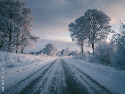 Snowy Country Road Lined With Frost Covered Trees Under Overcast Sky Winter Rural Landscape
