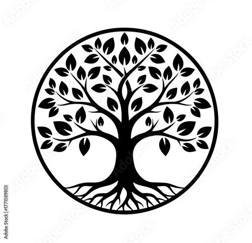 Encased within a perfect black ring, this symmetrical silhouette captures a majestic Tree of Life, balancing its abundant, leafy branches with a complex, sprawling root system