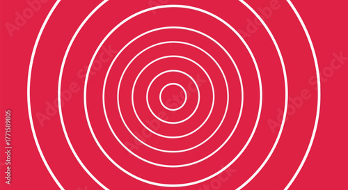 A red background features white concentric circles expanding outwards from a small center