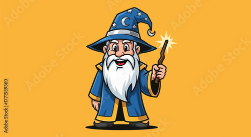 Smiling, cartoon wizard in blue robes and a star-covered hat holding a wand