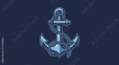 A blue anchor with a coiled rope on a dark background. Vector graphic, nautical theme