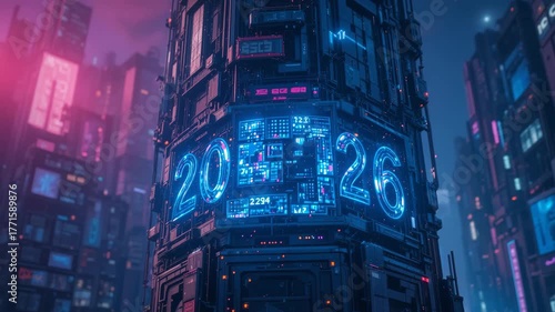 New York City skyline at night, a classic urban cityscape of towering skyscrapers and dazzling lights with 2026 text sci-fi style