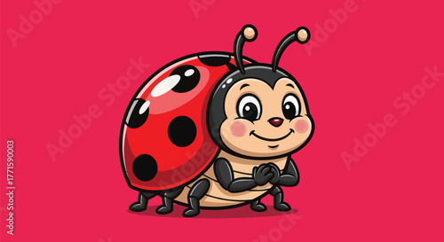 A friendly, cartoon ladybug with a smiling face and a red background