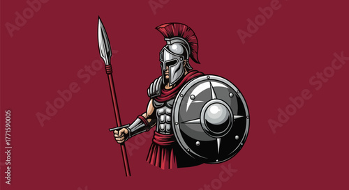 A stylized illustration of a Greek warrior with spear, shield, and helmet. Red backdrop