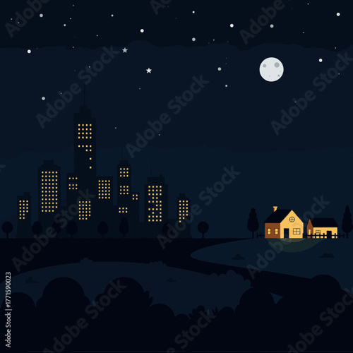 Night scene with city skyline, houses, moon, and starry sky.