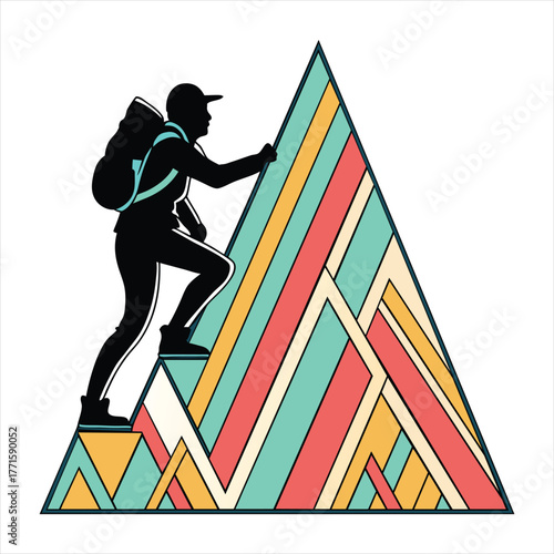Silhouette of a hiker climbing a colorful abstract mountain peak