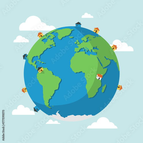 Earth globe with houses. Global real estate and worldwide property.