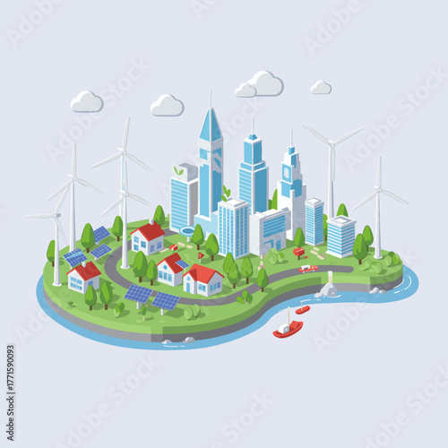 Isometric illustration of a green city with wind turbines and solar panels.