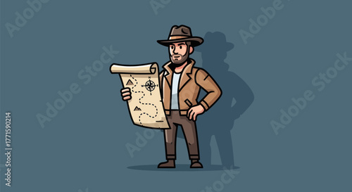 A cartoon adventurer holding a map, wearing a fedora and coat, with a shadow