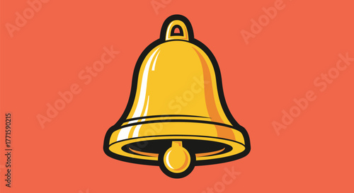 A golden bell with a black outline, a clapper, and a loop, set against an orange background