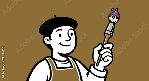 Smiling artist in beret and apron holds a paintbrush with colorful paint