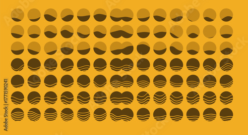 Geometric composition featuring circles with varying internal shapes and tones arranged in a grid