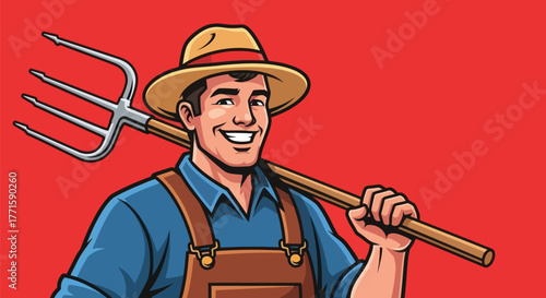 A smiling farmer with a pitchfork over his shoulder on a red background