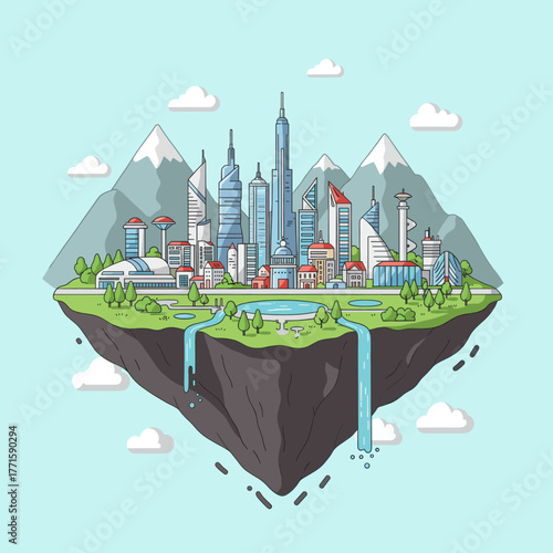Futuristic city on floating island with waterfall and mountains.
