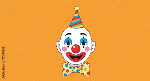 Cartoon clown head with white face, red nose, bow tie and party hat on orange background