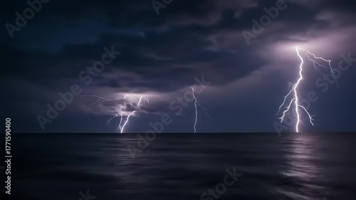 Dramatic Lightning Strikes Over Dark Ocean Waters