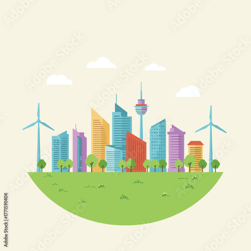 Cityscape with wind turbines and green space. Sustainable energy.