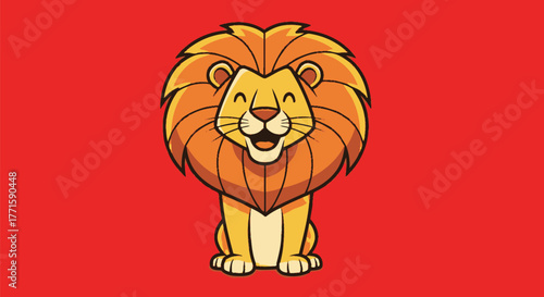 A cheerful cartoon lion smiles wide, set against a red background