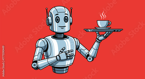 A friendly robot, holding a tray with a steaming cup of coffee. Red background