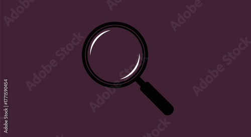 A black magnifying glass with a bright reflection on a dark purple background