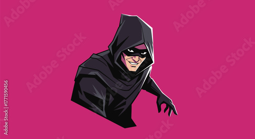 A shadowy figure in a hooded cloak with a smirk, set against a pink backdrop