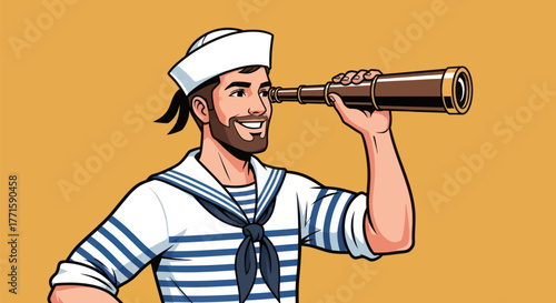 A smiling sailor in a traditional outfit looks through a telescope against a yellow background