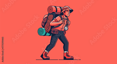 Cartoon hiker with backpack, walking right on red background. Features compass, rope, bedroll
