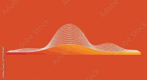 Abstract graphic depicts a 3D grid structure over a gradient of orange, against a red background
