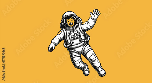 Cartoon astronaut floats weightlessly, waving, against a warm yellow background