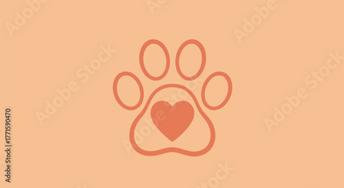 A paw print with a heart inside, in a muted orange hue on a matching background