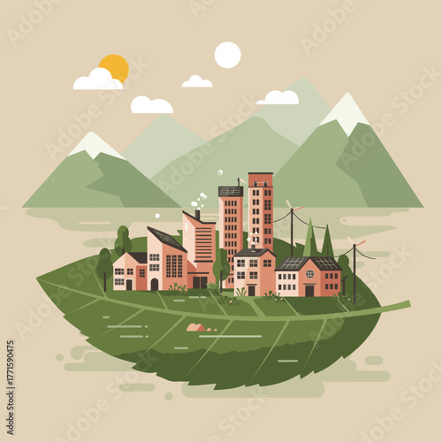 Eco city on a leaf with mountains. Green energy and sustainability.