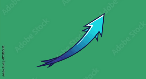 A curved upward arrow with gradient blue shading and jagged edges, on a green background
