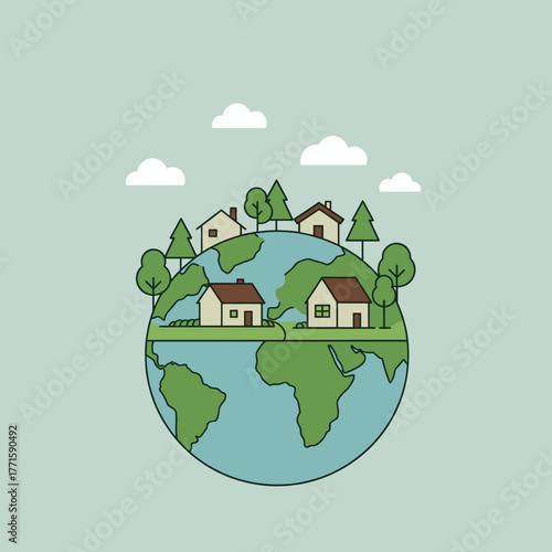 World globe with houses and trees. Ecological living concept.