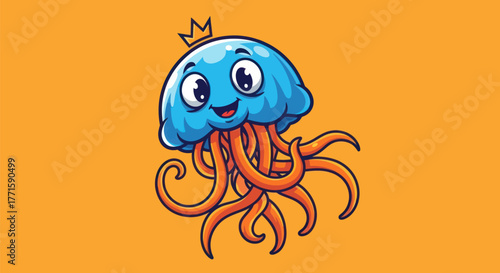 A cartoon jellyfish with a crown and a happy face on an orange background