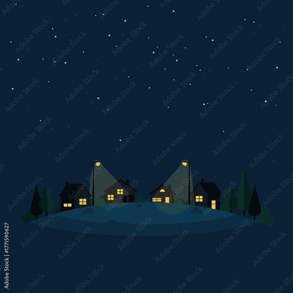 Fototapeta premium Night scene of houses on a hill under a starry sky and streetlights.