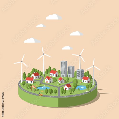 Eco friendly town with wind turbines and green spaces, vector design.